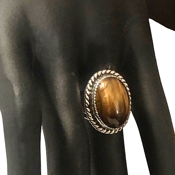 Native American Sterling Silver Ring w Tigers Eye and Woven Detail Sz 10-1/2 - Picture 3 of 17
